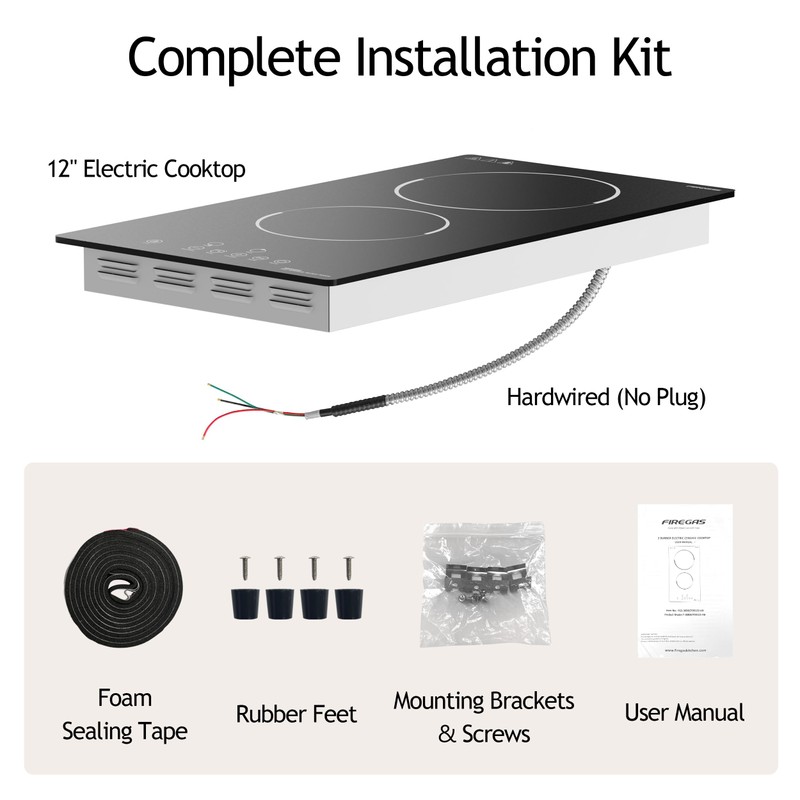 FIREGAS 12 Inch Built-in Electric Cooktop, 2 Burner 3000W, Hardwired