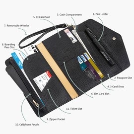 KROSSLON Rfid Passport Holder Tri-fold Travel Wallet Women Medium Wristlet, Black