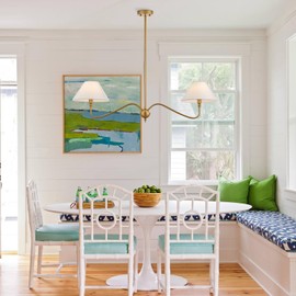 VANZARLA Modern Gold Linear Chandelier for Kitchen Island, 2-Light Linear Light Fixture with Off-White Fabric Shade, Rustic Pendant Light for Dining Room