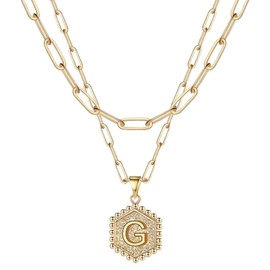 JeeweLife G Initial Necklaces 18K Gold Plated Layered Paperclip Chain Hexagon Letter Pendant Chunky Gold Necklaces for Women, Initial G