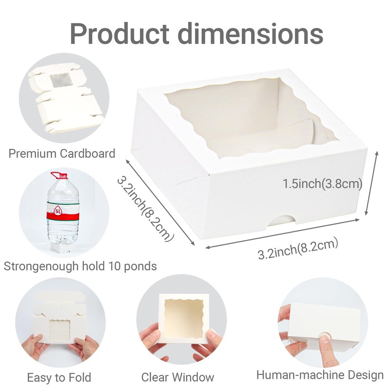 50pcs 3¼"X3¼X1½ Inch Bakery Boxes with Window Cookies Boxes Soap