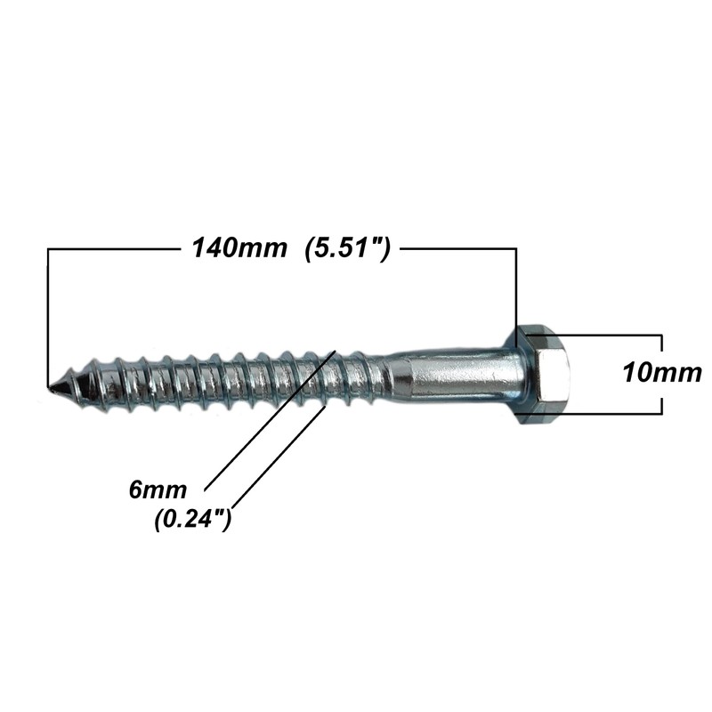 M6 Coach Screws Hex Head Width 10mm Zinc Plated Steel