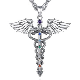 AEONSLOVE Caduceus Chain 925 Silver Asculet Staff Necklace for Women Men Nurse Doctor Angel Wings Snake Pendant with Chakra Medical Symbol Amulet Jewellery, Sterling Silver Cubic Zirconia