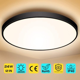 12in/30cm 24W LED Flush Mount Ceiling Light Fixture 2800K Warm White, 3200LM, Black LED Round Ceiling Lighting, 240W Equivalent Ceiling Lamp for Closets, Kitchens, Stairwells, Bedrooms, etc.