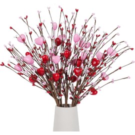 Valentines Day Decorations 4 Pcs Artificial Valentines Day Flowers Valentines Day Berry Picks with Red and Pink Heart Shaped for Valentine's Day Anniversary Wedding Ornaments