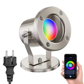 ledscom.de MIBU Outdoor Floodlight for Outdoor Use, Stainless Steel, Matt Chrome, Includes Smart Home RGBW GU10 LED Lamp, 5.41 W, 473 lm