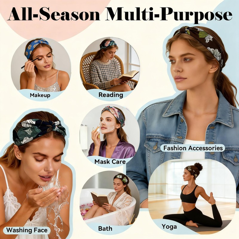 6Pcs Wide Floral Boho Headbands for Women - Elastic Non