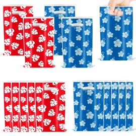 50pcs Hawaii Party Gift Bags, Cute Cartoon Party Favor Goodie Bag Candy Bags, Summer Tropical Plastic Pouch Treat Bag with Handles Full Printed Patterns Snack Pouches for Boys Girls Kids Birthday Decoration