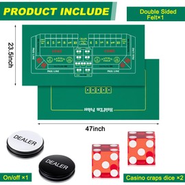 Aoriher Craps Tabletop Game Set 36" x 72" Tabletop Casino Felt Layout for Texas Holdem with 2 Dice and On/Off Button for Home Game Casino Poker Nights Fundraisers Gatherings