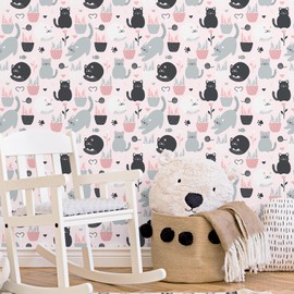EPPKILY Black/Grey/White Cat Wallpaper Peel and Stick Animal Wallpaper Fun Pink Contact Paper Cute Kitten Self Adhesive Removable Contact Paper for Kids Room Bedroom Walls Nursery Decor 17.5"x102"