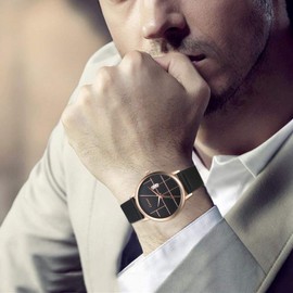 JewelryWe Men's Women's Watches Quartz Analogue Date Calendar 30 m Waterproof Watch Unique Geometric Design Watch with Leather Genuine Leather Strap, black, Christmas Day, birthday