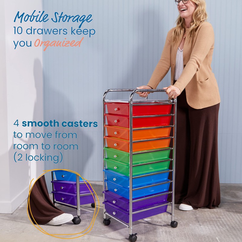 ECR4Kids 10-Drawer Everyday Mobile Organizer, Storage Cart, Assorted