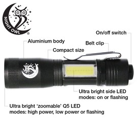 New Night Owl 'NOVA' Q5 & COB *Ultra Bright* LED Mini Pocket Zoomable Torch - Black