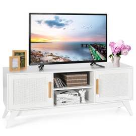 Tangkula Rattan TV Stand for TVs Up to 65", Entertainment Center, 3-Tier Adjustable Shelf, 2 Enclosed Weaved Cabinets, Cable Holes, Modern Media TV Console Table for Living Room