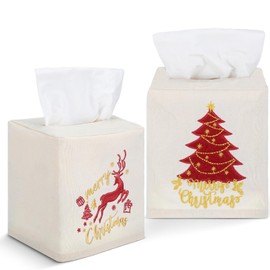 Domensi 2 Pcs Christmas Linen Tissue Box Cover 5.5 x 4.75 x 4.75 Inches Christmas Tree and Elk Tissue Box Holder Holiday Square Home Decor Xmas Embroidered Gifts for Bathroom Bedroom Living Room
