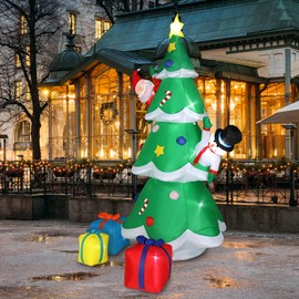 8FT Inflatable Christmas Tree with LED Lights, 8 Feet Snowman and Santa Claus Stuck Inflatables Christmas Tree, 3 Gift Boxes, 9 String Lights, for Indoor Outdoor Yard Garden Christmas Decorations