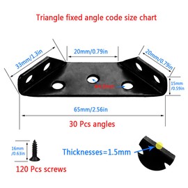 30 Pcs Angle Brackets,Stainless Steel Corner Brackets for Wood Frame,Right Corner Brace Heavy Duty,Metal Corner Connectors with 120 Pcs Csrews for Furniture Chair Table Cabinet (Black)
