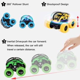Friction Powered Monster Trucks for Boys Girls, 4WD Push and Go Inertia Cars Toy for Toddlers, 360 Degree Rotation Pull Back Vehicle for Kids Ages 3-8 Year Old Christmas Birthday Party Gift (4 Pack)