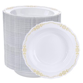 DaYammi 100 Pack Plastic Bowls with Gold Rim, 12oz Disposable Soup Bowls, Heavy Duty Dinner Bowls for Weddings, Parties, Dinners, Catering and Everyday Use
