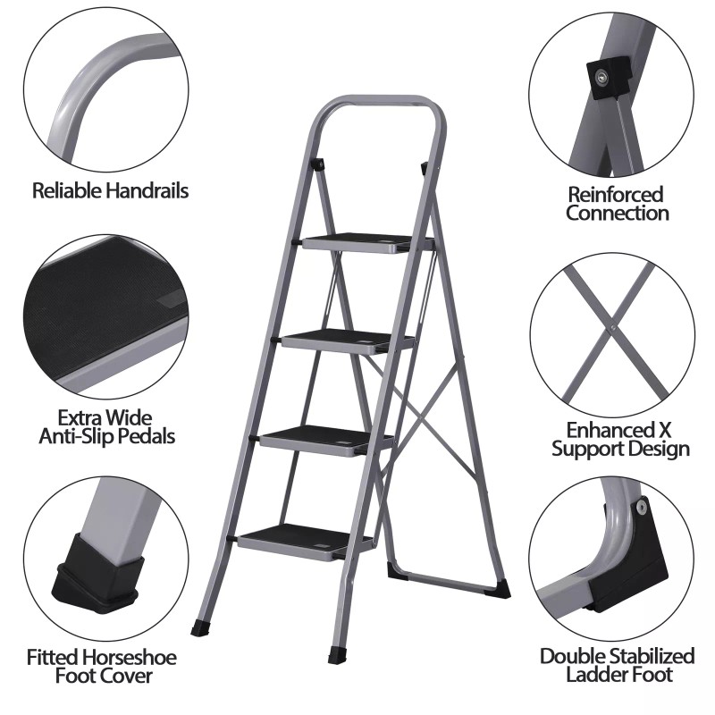 SEGAWE 4 Step Ladder Folding Step Stool Sturdy Steel Ladder