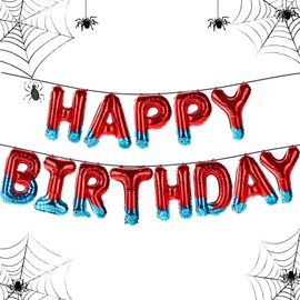 Spider Theme Happy Birthday Banner, Including 13 Red and Blue Spider Web Balloons Aluminum Foil Decoration Balloons Banner for Boy Birthday Party Decorations