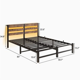 Queen Size Metal Platform Bed Frame w/LED Headboard & USB Charging Station-Brown