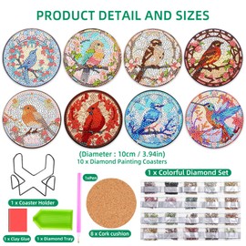 JHGCVX 8 Pcs Diamond Art Coasters,Hummingbird Diamond Painting Kits with Holder,DIY Diamond Painting Coasters Kit for Adults Beginners Art Craft Supplies Gift