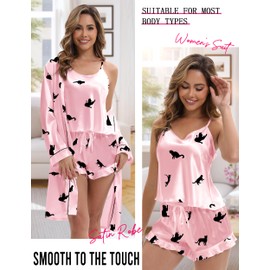 MORFORU Silk Pajamas for Women 3 Piece Satin Pajama Set with Robe Camisole Tops Ruffle Shorts with Sleep Mask 2 Piece Pjs (Black cat-Pink/M)