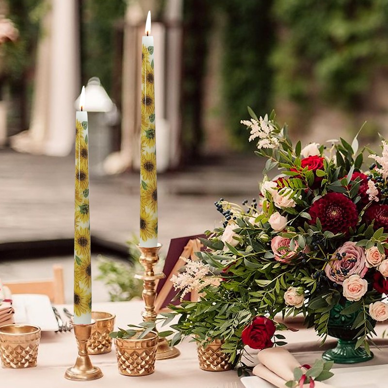 Sunflower Taper Candles Candlesticks 10 Inch Handmade 2pcs Yellow Dripless