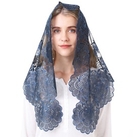 Mantilla tradicional bordado para cubrir la cabeza, triángulo de encaje, velo de Mantilla, Azul y Negro, 47.3" across by 23.6"