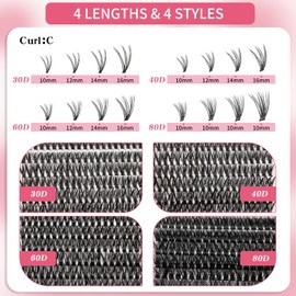 Eyelash Clusters 30D+40D+50D+80D Lash Clusters Wispy Individual Lashes 640PCS C Curl Lash Extension 10-16MM Natural Lashes Clusters DIY Cluster Eyelash Extensions for Beginners