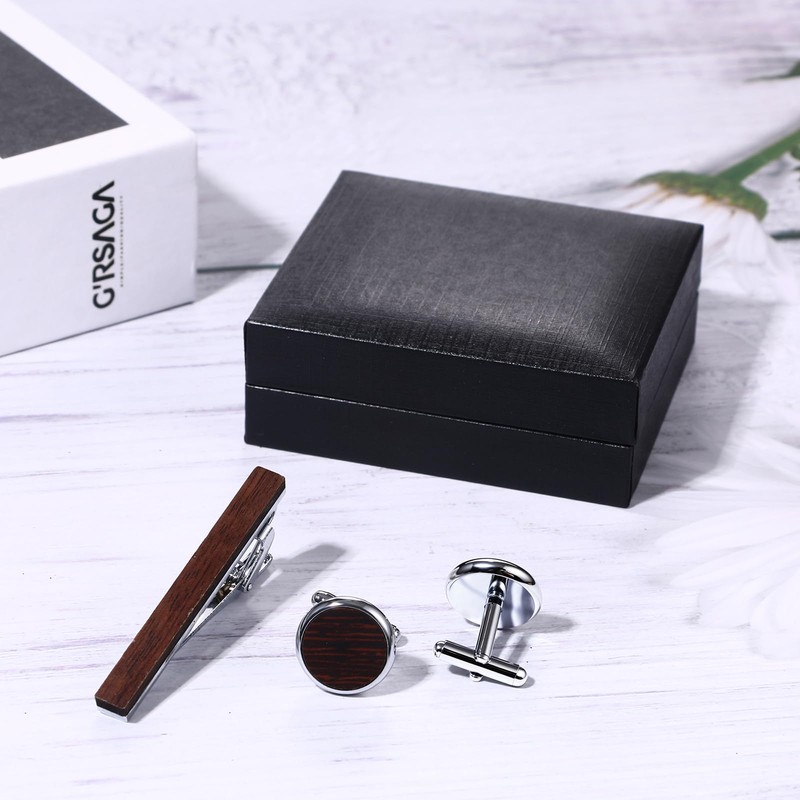Avaner Men's Tie Clip Cufflinks: 3 Pcs Wooden Metal Tie