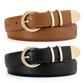 JASGOOD 2 Pack Women's Leather Belts with Gold Buckle Fashion Leather Waist Belt Elegant Ladies Belts for Jeans Dress（Black+Light Brown）
