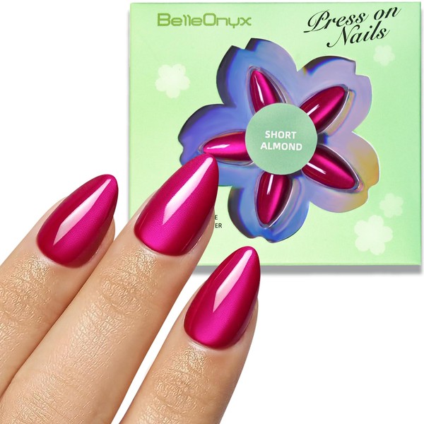 BelleOnyx Press on Nails Short-Hot Pink Cat Eye Press on