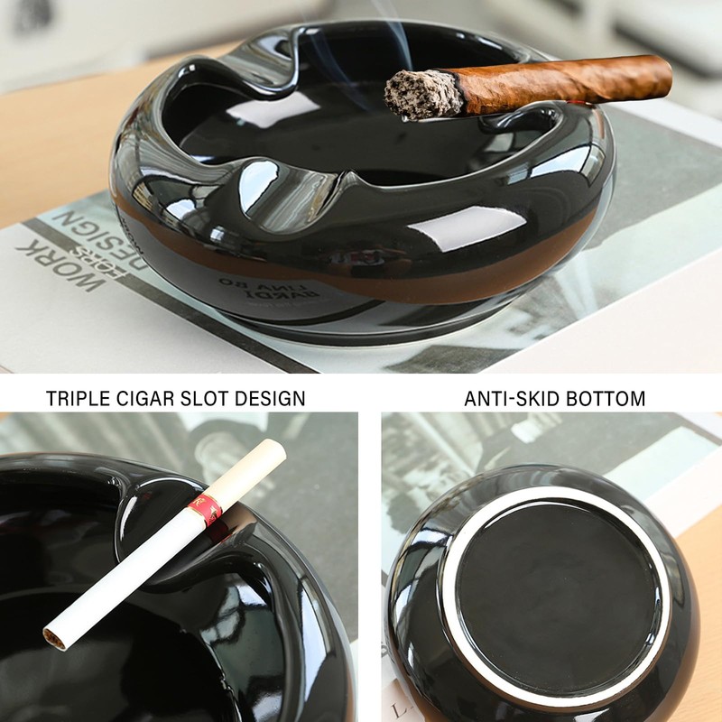 Premium Black Ceramic Cigar Ashtray with 3 Extra Wide Grooves