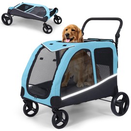 Saudism Dog Stroller for Large Dogs, Extra Large Pet Stroller for Medium Dogs, Dog Wagon Carriage, Foldable Design, Adjustable Handle, with Pocket, Up to 160 lbs, Blue