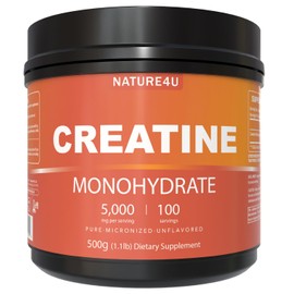 Nature4U Micronized Creatine Monohydrate Powder 500G, 5000mg Per Serving (5g), Pure Creatine Supplement for Muscle Gain, Workout Recovery, Improve Strength and Performance, Unflavored, 100 Serving