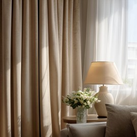 Drapenova 90 Inches Long Velvet Pinch Pleated Curtains for Living Room Bedroom Beige Modern Luxury Room Darkening Thermal Insulated Sound Dampening Curtains Drapes with Hooks Rings,Set of 2