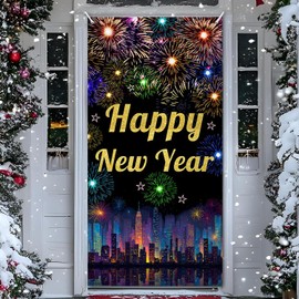 AIBIIN New Years Eve Door Backdrop for 2026, Colorful Fireworks Happy New Year Party Decor Great New Yeras Decorations for Outdoor Indoor Home Wall 5.9x3.6ft