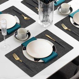 Enaskv Faux Leather Heat Resistant Placemats Set of 4 – Waterproof Oilproof Wipeable Dining PU Place Mat Easy Clean Table Mats for Kitchen/Dining/Party/Holiday, Dark Grey