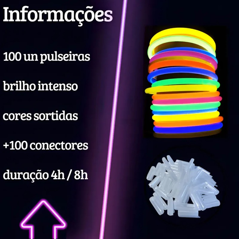 Pulsera Neón Kit 100 Folk Fluorescente Fiesta Led Kytuk