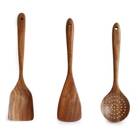 Teak Kitchen Utensils Set,Slotted Spoon+Flat Spatula+Wok Spatula Kit,Kitchenware Nonstick Pan Fryer Pot Cookware Wooden Kitchen Utensil Set Natural Handcrafted Cutlery Kitchen Tool For Cooking