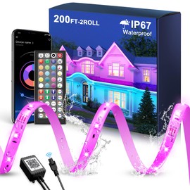 Fussion Outdoor LED Strip Lights Waterproof 200FT (2 Rolls of 100FT) with Remote, RGB LED Light Strips Music Sync Color Changing Christmas House Rope Lighting for Outside