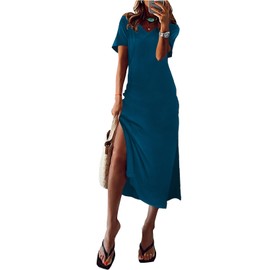 MARZXIN Women 2025 Casual Maxi Dress Short Sleeve V Neck Stripe Sundress Split Loose Long Summer Tshirt Activewear Dress Ink Blue L