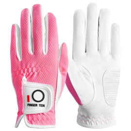 FINGER TEN Golf Gloves Women Left Hand Right Microfiber All Weather Grip Rain Hot Wet Value Pack, Ladies Golf Gloves Soft Flexible Durable Wear Resistance Good Grip (Rose, L, Left)