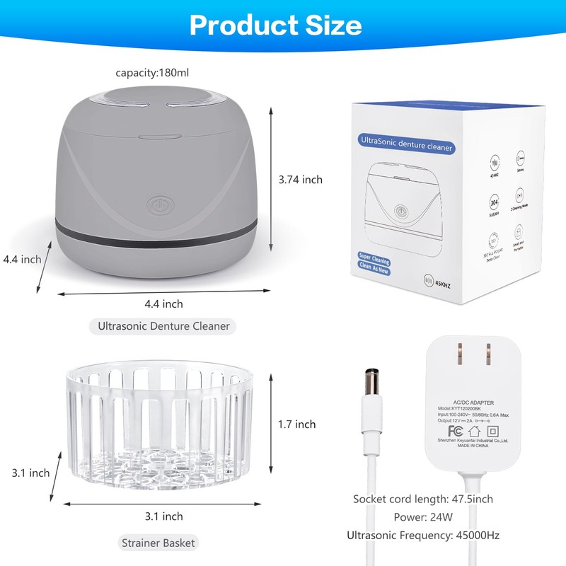Ultrasonic denture cleaner for dentures, mouth guards, braces, toothbrush heads,