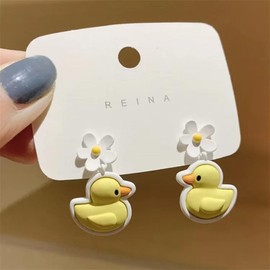 Cute Yellow Duck Dangle Drop Earrings for Women Sterling Silver Posts Tiny Flower Funny Cartoon Animal Dangling Statement Studs Hypoallergenic Lightweight Summer Party Jewelry