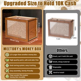 Meetory Money Saving Box, Plus Size 10000 Saving Challenge Box Reusable Kakeibo Money Box with 10k Saving Goal Cash Vault Wooden Savings Box for Adults Kids Boy Girls (10000 Pounds, Brown)