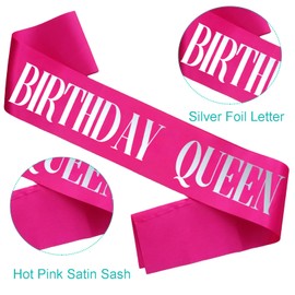 KETAOO Birthday Queen Sash, Silver Foil Hot Pink Birthday Sash for Women 21st 30th 40th 50th 60th 70th Fun Birthday Party Favors Gifts Decorations