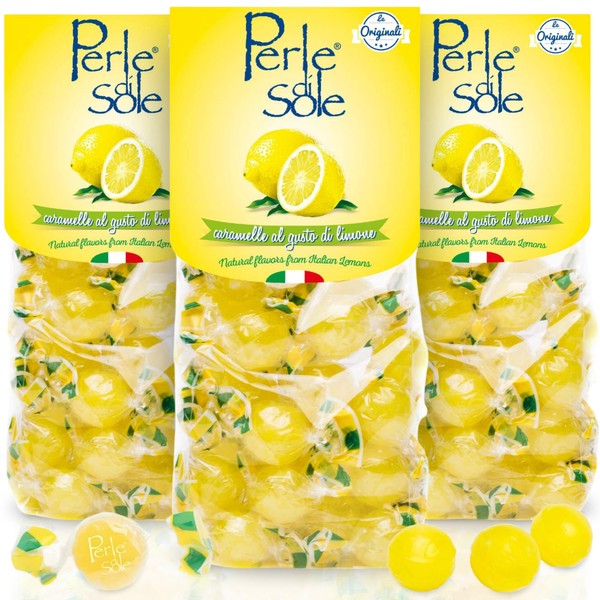 The original Perle di Sole Lemon Drops made with Essential Oils of Lemons from the Amalfi Coast (7.05 oz | 200 g) Pack of 3 - Sour Lemon Drops Hard Candy Individually Wrapped